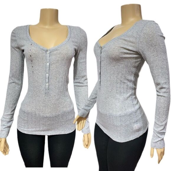 Victorias Secret Soft Metallic Henley Pajama top long sleeve light gray Large - Picture 4 of 5
